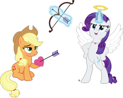 Size: 3623x2889 | Tagged: safe, artist:anime-equestria, derpibooru import, applejack, rarity, angel, earth pony, pony, unicorn, arrow, blushing, bow (weapon), bow and arrow, confident, duo, female, halo, heart, holiday, jewelry, lesbian, levitation, love, magic, necklace, rarijack, shipping, simple background, sitting, standing, standing up, telekinesis, transparent background, valentine's day, vector, weapon