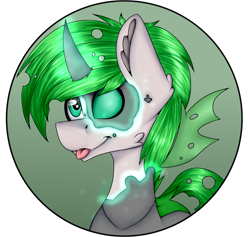 Size: 1274x1209 | Tagged: safe, artist:chazmazda, derpibooru import, oc, oc only, changeling, pony, :p, commission, commissions open, digital art, green changeling, highlight, horn, magic, profile picture, shade, shading, simple background, solo, tongue out, transparent background, wings, your character here
