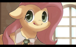 Size: 1280x800 | Tagged: safe, artist:yunlongchen, derpibooru import, fluttershy, pegasus, pony, bust, cute, female, floppy ears, looking at you, mare, portrait, shyabetes, solo, tongue out