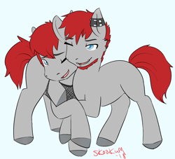 Size: 2200x2000 | Tagged: source needed, safe, artist:skookum, derpibooru import, oc, oc only, oc:blaze, oc:bolt, earth pony, brotherly love, ear piercing, earth pony oc, eyebrow piercing, fishnet stockings, lip piercing, piercing, twins, unshorn fetlocks