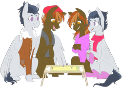 Size: 1915x1399 | Tagged: safe, artist:icey-wicey-1517, artist:sychia, color edit, derpibooru import, edit, button mash, joystick (r63), rumble, tumble, earth pony, pegasus, pony, collaboration, blushing, board game, card, chest fluff, clothes, colored, dice, female, gay, gloves, grin, hat, hoodie, hug, jacket, lesbian, male, mare, missing cutie mark, older, open mouth, raised hoof, rule 63, rumblemash, scarf, self paradox, self ponidox, shipping, simple background, sitting, smiling, socks, stallion, table, transparent background, tumbstick, winghug
