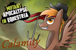 Size: 1393x923 | Tagged: safe, artist:mlptmntdisneykauane, derpibooru import, oc, oc only, oc:calamity, pegasus, pony, fallout equestria, badass, bust, fork, hat, male, solo, stallion, teenage mutant ninja turtles, weapon, wings