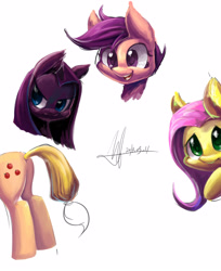 Size: 2760x3387 | Tagged: safe, artist:jggjqm522, derpibooru import, applejack, fluttershy, pinkie pie, scootaloo, earth pony, pegasus, pony, bust, butt, doodle, doodles, high res, pinkamena diane pie, plot, simple background