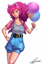 Size: 2664x4000 | Tagged: source needed, safe, artist:jggjqm522, derpibooru import, pinkie pie, human, balloon, clothes, eared humanization, female, high res, humanized, pony ears, simple background, solo, white background