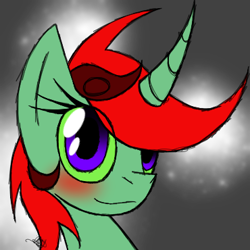 Size: 370x370 | Tagged: safe, artist:didun850, derpibooru import, oc, oc only, oc:minty ace, pony, unicorn, abstract background, blushing, bust, curved horn, eye clipping through hair, female, horn, mare, smiling, solo, unicorn oc