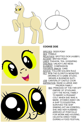 Size: 1110x1626 | Tagged: safe, artist:hotdiggedydemon, artist:odiz, derpibooru import, edit, oc, oc only, oc:cookie doe, deer, butt, face, female, reference sheet