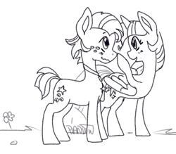 Size: 1113x974 | Tagged: safe, artist:piandow, derpibooru import, star tracker, twilight sparkle, twilight sparkle (alicorn), alicorn, earth pony, pony, blushing, boop, cute, female, flower, heart, male, mare, monochrome, open mouth, shipping, stallion, straight, twitracker