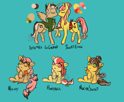 Size: 1700x1400 | Tagged: safe, artist:lavvythejackalope, derpibooru import, oc, oc:ensemble legrand, oc:honey belle, oc:melody, oc:mocha sweet, oc:sweet chime, alicorn, pegasus, pony, :o, alicorn oc, baby, baby pony, clothes, colored hooves, ear piercing, earring, eyes closed, jewelry, oc x oc, open mouth, piercing, reference sheet, shipping, sitting