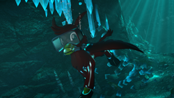 Size: 1920x1080 | Tagged: safe, artist:deltathedragon, derpibooru import, oc, oc only, oc:con badger, griffon, 3d, cave, crystal, male, scuba, scuba diving, sfm pony, solo, source filmmaker, underwater, wetsuit