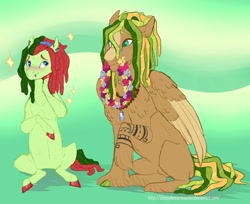 Size: 1280x1042 | Tagged: safe, artist:sleepydemonmonster, derpibooru import, oc, oc only, oc:chandelier swing, oc:meadow breeze, earth pony, pegasus, dreadlocks, female, half-siblings, interdimensional siblings, jewelry, magical lesbian spawn, male, mare, necklace, offspring, parent:fluttershy, parent:songbird serenade, parent:tree hugger, parents:flutterhugger, parents:songhugger, piercing, stallion, wreath