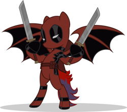 Size: 1280x1127 | Tagged: safe, artist:mlp-trailgrazer, derpibooru import, oc, oc only, oc:kage, dracony, dragon, hybrid, pony, clothes, cosplay, costume, deadpool, simple background, solo, sword, transparent background, weapon