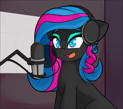 Size: 2424x2152 | Tagged: safe, artist:caoscore, derpibooru import, oc, oc only, oc:obabscribbler, oc:scribbler, earth pony, pony, eyeshadow, female, headphones, makeup, microphone, smiling, solo