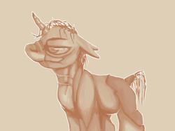 Size: 1374x1030 | Tagged: safe, artist:smirk, derpibooru import, ghoul, pony, undead, unicorn, fallout equestria, lidded eyes, male, monochrome, ms paint, scar, sepia, solo, stallion, unnamed pony