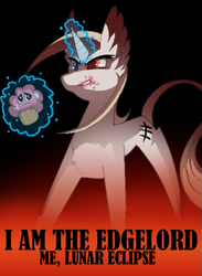 Size: 649x888 | Tagged: safe, artist:a-lunar-eclipse, derpibooru import, oc, oc:lunar eclipse, unicorn, eclipse, edgelord, food, lunar, muffin, white