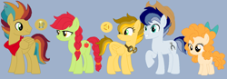 Size: 1406x488 | Tagged: safe, artist:putrid-pie, artist:selenaede, derpibooru import, oc, oc only, oc:aurora golden gala, oc:autumn harvest, oc:buck wild, oc:limelight apple, oc:pear jam, earth pony, pegasus, pony, base used, brother and sister, brothers, female, male, offspring, parent:applejack, parent:soarin', parents:soarinjack, siblings, sisters