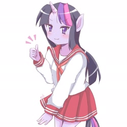 Size: 2048x2048 | Tagged: safe, artist:moh_mlp2, derpibooru import, twilight sparkle, anthro, ambiguous facial structure, anime, blushing, clothes, crossover, cute, female, high res, looking at you, lucky star, miniskirt, moe, pleated skirt, sailor uniform, skirt, solo, style emulation, thumbs up, twiabetes, uniform