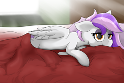 Size: 5000x3340 | Tagged: safe, artist:waffletheheadmare, derpibooru import, oc, oc only, oc:mewio, pegasus, pony, bed, cover, cutie mark, eyelashes, eyeshadows, female, floppy ears, lidded eyes, lying down, mare, multicolored hair, quilt, smiling, sun ray, wardrobe, window, wings