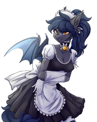 Size: 2054x2579 | Tagged: safe, artist:1an1, derpibooru import, oc, oc only, oc:midnight measure, anthro, bat pony, anthro oc, bat pony oc, bell, choker, clothes, dress, ear fluff, ear tufts, ears, female, glasses, gloves, maid, mare, rule 63, simple background, slit eyes, solo, white background