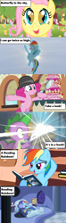 Size: 1149x3897 | Tagged: safe, derpibooru import, edit, edited screencap, screencap, fluttershy, pinkie pie, rainbow dash, spike, butterfly, dragon, earth pony, pegasus, pony, a friend in deed, mmmystery on the friendship express, read it and weep, season 1, season 2, season 4, season 5, tanks for the memories, the cutie mark chronicles, bed, bedroom, book, bookshelf, cake, castle of the royal pony sisters, cloud, comic book, cute, daring do books, dashabetes, diapinkes, female, filly, filly fluttershy, food, glow, golden oaks library, happy, hat, i'll fly, library, lyrics, magnifying glass, marzipan mascarpone meringue madness, power ponies, reading, reading rainboom, reading rainbow, shyabetes, sky, so many wonders, song, song reference, spikabetes, sun, surprised, text, text box, theme song, train, tree, younger