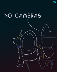 Size: 475x600 | Tagged: safe, artist:quint-t-w, derpibooru import, prince blueblood, oc, earth pony, pony, unicorn, bowtie, clothes, dialogue, gradient background, looking at you, minimalist, modern art, necktie, old art, security guard, sunglasses, underhoof