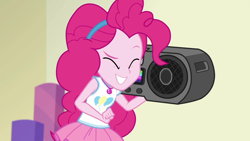 Size: 1920x1080 | Tagged: safe, derpibooru import, screencap, pinkie pie, better together, equestria girls, holidays unwrapped, boombox, cute, diapinkes, eyes closed, female, geode of sugar bombs, magical geodes, o come all ye squashful, smiling, solo