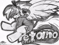 Size: 1952x1500 | Tagged: safe, artist:petanoprime, derpibooru import, oc, oc only, oc:electric sketch, pegasus, pony, bedroom eyes, clothes, female, freckles, grayscale, grin, hairpin, hoodie, mare, monochrome, pegasus oc, pencil, pencil behind ear, signature, sitting, smiling, solo, text, traditional art, underhoof, wings