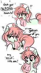 Size: 1170x2048 | Tagged: safe, artist:emberslament, derpibooru import, oc, oc only, earth pony, pony, blushing, dialogue, exclamation point, female, hat, heart, lidded eyes, mare, nurse, nurse hat, open mouth, solo, yelling