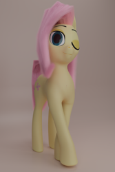 Size: 1280x1920 | Tagged: safe, artist:ooredelen, derpibooru import, fluttershy, pegasus, pony, 3d, blender, blender cycles, cutie mark, eyebrows, full body, looking at you, mane, one eye closed, simple background, smiling, solo, wingless, wip