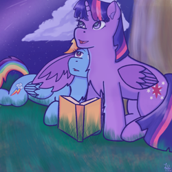 Size: 4096x4096 | Tagged: safe, artist:legionsunite, derpibooru import, rainbow dash, twilight sparkle, twilight sparkle (alicorn), alicorn, pegasus, pony, book, cloud, female, grass, grass field, hug, lesbian, mare, night, shipping, starry night, stars, tree, twidash, winghug