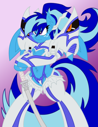 Size: 1024x1328 | Tagged: safe, artist:petanoprime, artist:vinylbecks, color edit, derpibooru import, edit, oc, oc only, oc:electric sketch, anthro, pegasus, unguligrade anthro, armor, clothes, colored, cosplay, costume, crossover, female, freckles, frown, gradient background, kill la kill, pegasus oc, signature, solo, sword, text, weapon, wings