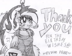 Size: 1936x1504 | Tagged: safe, artist:petanoprime, derpibooru import, oc, oc only, oc:electric sketch, pegasus, pony, clothes, collar, female, freckles, grayscale, happy birthday, hat, hoodie, mare, monochrome, onomatopoeia, party hat, party horn, pegasus oc, signature, solo, tail wag, text, traditional art, wings