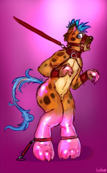 Size: 403x650 | Tagged: safe, artist:turbinedivinity, derpibooru import, part of a set, oc, oc only, anthro, digitigrade anthro, hyena, bondage, bridle, collar, cuffs, furry to pony, gradient background, latex, leash, male, malesub, open mouth, signature, submissive, tack, tether, transformation