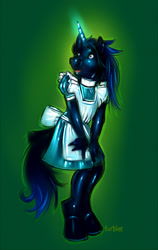 Size: 450x710 | Tagged: safe, artist:turbinedivinity, derpibooru import, oc, oc only, anthro, unguligrade anthro, unicorn, glowing horn, gradient background, horn, latex dress, looking up, open mouth, signature, smiling, unicorn oc