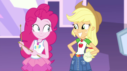 Size: 1920x1080 | Tagged: safe, derpibooru import, screencap, applejack, pinkie pie, better together, constructive criticism, constructive criticism: pinkie pie, equestria girls, applejack's hat, bandage, clothes, cowboy hat, cute, denim skirt, diapinkes, duo, duo female, female, freckles, geode of sugar bombs, geode of super strength, hat, jackabetes, magical geodes, skirt, smiling, stetson