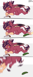 Size: 1714x4000 | Tagged: safe, artist:drizziedoodles, derpibooru import, oc, oc only, oc:berry limeade, oc:oxide, griffon, original species, behaving like a cat, comic, cucumber, food, griffons doing cat things, gun, handgun, leonine tail, motion blur, offscreen character, paws, ponytail, revolver, scared, talons, weapon, wings