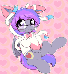 Size: 2241x2455 | Tagged: safe, artist:moozua, derpibooru import, oc, bat pony, clothes, cute, cute little fangs, fangs, glasses, heart, heart background, hoodie, looking at you, pokémon, slit eyes, solo, sweater, sylveon