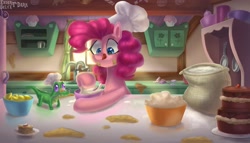 Size: 2500x1429 | Tagged: safe, artist:enderselyatdark, derpibooru import, gummy, pinkie pie, earth pony, pony, apple slice, batter, cake, cooking, cute, flour, food, kitchen, tongue out