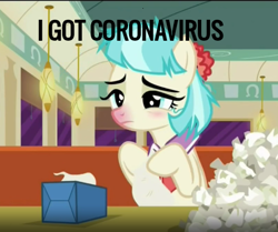 Size: 450x376 | Tagged: safe, derpibooru import, edit, edited screencap, screencap, coco pommel, the saddle row review, coronavirus, covid-19, cropped, meme, sad, sick, solo, tissue