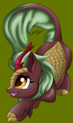 Size: 1969x3297 | Tagged: safe, artist:gleamydreams, derpibooru import, cinder glow, summer flare, kirin, pony, cinderbetes, cute, female, green background, kirinbetes, open mouth, profile, simple background, smiling, solo