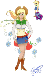 Size: 927x1631 | Tagged: safe, artist:rossgricell, derpibooru import, applejack, equestria girls, beautiful, belt, boots, clothes, cowboy hat, cute, denim skirt, freckles, hat, high heel boots, human coloration, miniskirt, shoes, simple background, skirt, solo, stetson, transparent background