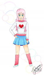 Size: 1074x1797 | Tagged: safe, artist:rossgricell, derpibooru import, oc, oc only, oc:fluffle puff, human, beautiful, clothes, cute, humanized, leg warmers, miniskirt, pleated skirt, shoes, simple background, skirt, solo, sweater, white background