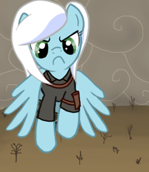 Size: 294x341 | Tagged: safe, artist:priorknight, derpibooru import, oc, oc only, oc:serene breeze, pegasus, pony, fallout equestria, clothes, female, flying, frown, mare, pegasus oc, solo, wings