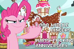 Size: 1703x1124 | Tagged: safe, derpibooru import, edit, pinkie pie, earth pony, pony, 1000, hoof fingers, middle finger, ponyville, smiling, sugarcube corner, text, vulgar