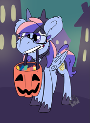 Size: 561x764 | Tagged: safe, artist:lilsunshinesam, derpibooru import, oc, oc only, oc:wind of the skies, pegasus, candy, food, glasses, pumpkin bucket, solo