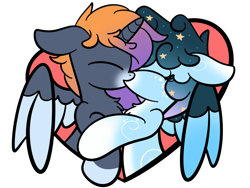 Size: 2560x1920 | Tagged: safe, artist:kimjoman, derpibooru import, oc, oc only, oc:stellar constellation, oc:sunset winds, alicorn, pegasus, pony, chest fluff, cute, ethereal mane, eyes closed, female, gradient mane, kissing, male, mare, simple background, stallion, starry mane, stars, transparent background, two toned wings, wings, ych result