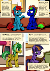 Size: 2171x3070 | Tagged: safe, artist:mysticalpha, derpibooru import, oc, oc only, oc:fire breeze, oc:meteor sparkle, oc:star blazer, pegasus, pony, comic:cloud zapper and the helm of chaos, book, comic, female, male, mare, royal guard, stallion