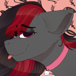 Size: 1024x1024 | Tagged: safe, artist:jayliedoodle, derpibooru import, oc, oc:discordant storm, pony, blepping, bust, collar, collar with bell, commission, cutie, gray coat, portrait, profile picture, red and black mane, smug, tongue out