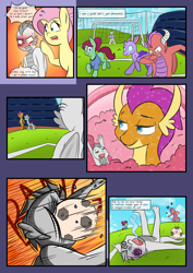 Size: 2893x4092 | Tagged: safe, artist:mustachedbain, derpibooru import, fluttershy, ocellus, smolder, oc, oc:august, oc:rexion, changedling, changeling, dragon, earth pony, pegasus, pony, comic:my dragon children, ball, blushing, bruised, comic, distracted, distracted by the sexy, dragon oc, giving up the ghost, swirly eyes