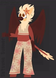 Size: 2974x4096 | Tagged: safe, artist:xeiier, artist:xeller, derpibooru import, oc, oc:satsuma summer, anthro, griffon, fullbody, hippie, present, solo