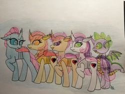 Size: 1280x960 | Tagged: safe, artist:hiroultimate, derpibooru import, apple bloom, ocellus, scootaloo, spike, sweetie belle, changedling, changeling, changedlingified, changelingified, cutie mark crusaders, species swap, traditional art